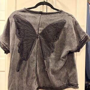 SHEIN Charcoal Butterfly Embroidered Tee
